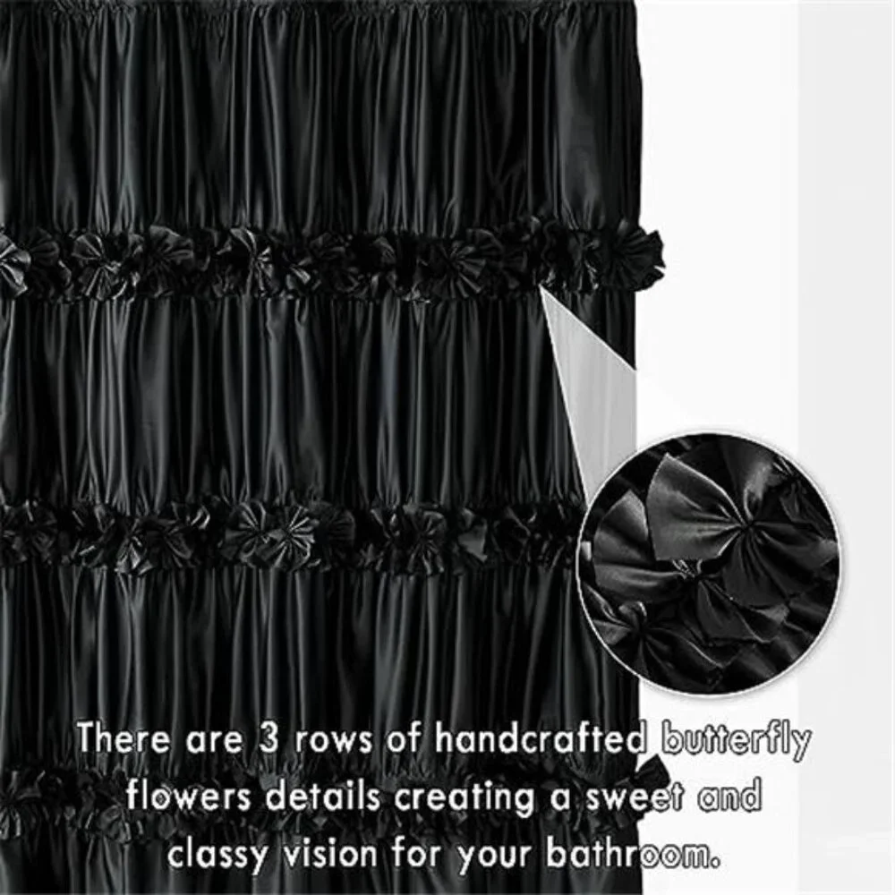 Black Ruffle Shower Curtain, Vintage Handcrafted Bow Tie Bath Curtain